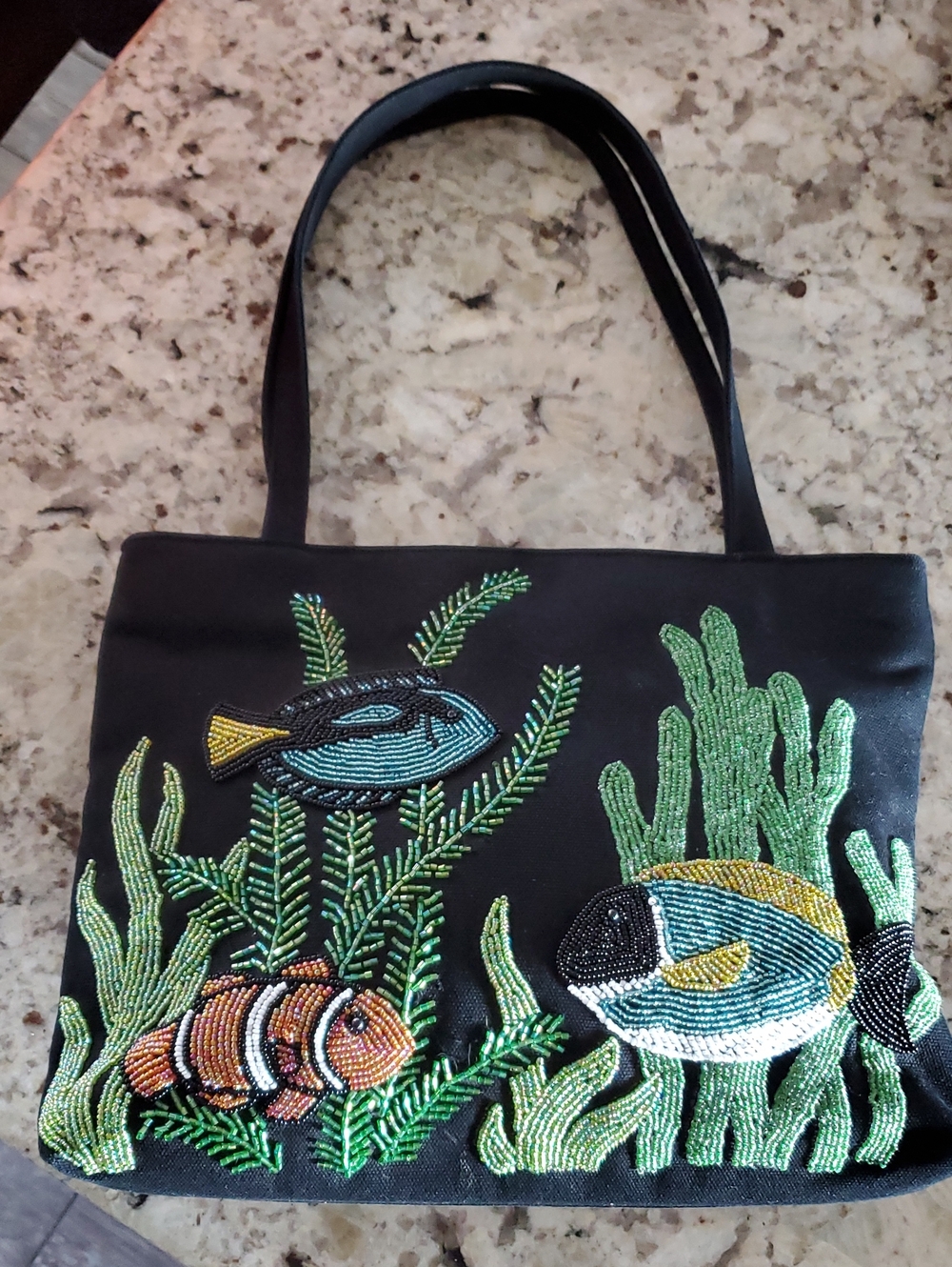Vintage Beaded Ocean Bead Tote Bag - Black with Multicolor Fish Design 12x8x2